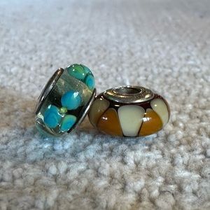 Pandora "Yellow Triangle" Charm 790638 & Teal Green Flowers Charm 790607 Retired